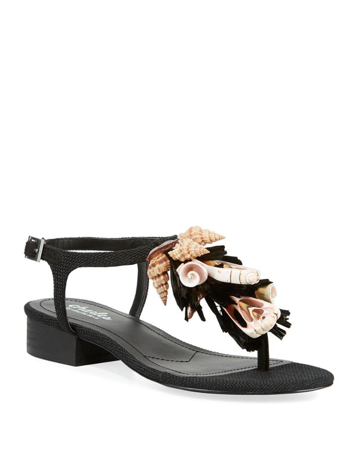 Seashell Raffia-fringe T-strap