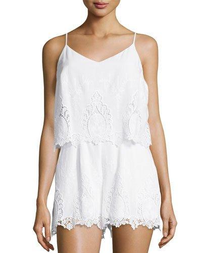 Layered Lace Sleeveless Short Jumpsuit, White