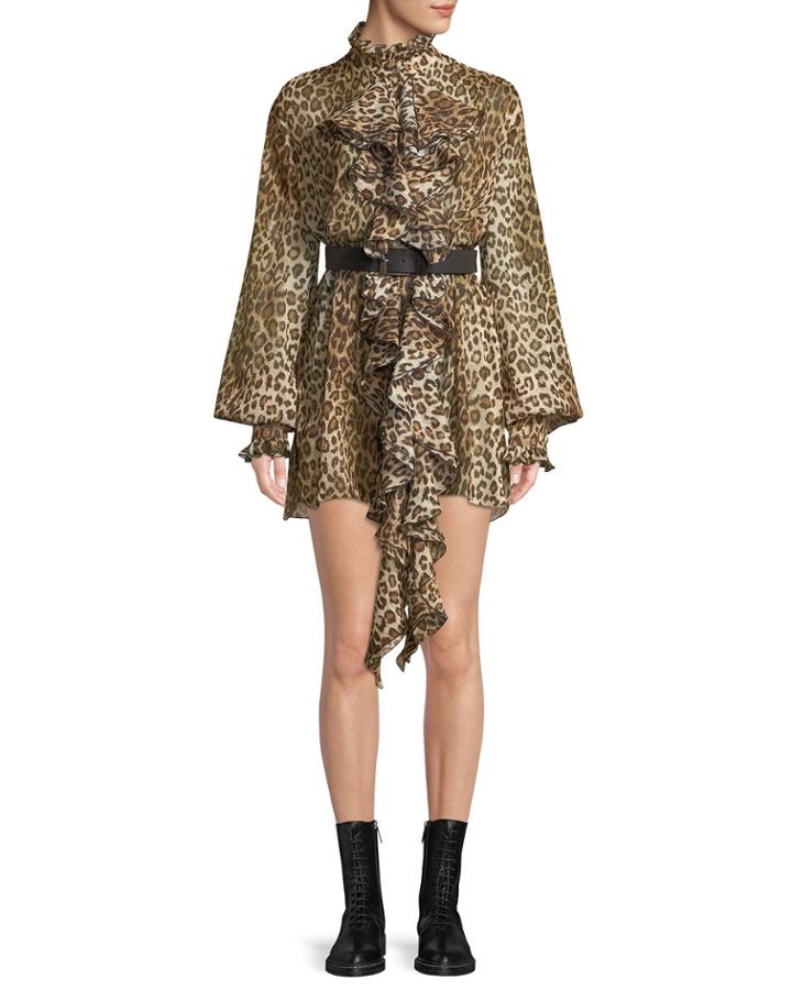 Long-sleeve Leopard-print Ruffled Crepon Tunic