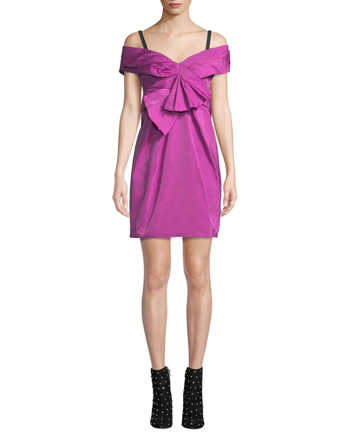 Off-the-shoulder Gathered Mini Dress With Bow Detail