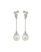 14k White Pearl & Tube-set Diamond Dangle Earrings