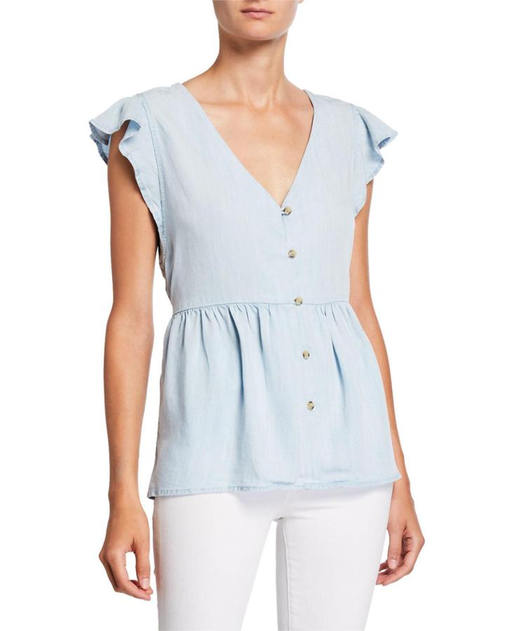 Marcella Flutter-sleeve Peplum Chambray Top