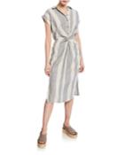 Sleeveless Gathered Striped Button-front Dress