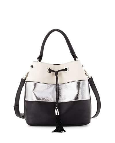 Jill Drawstring Striped Bag, Black/stone/silver