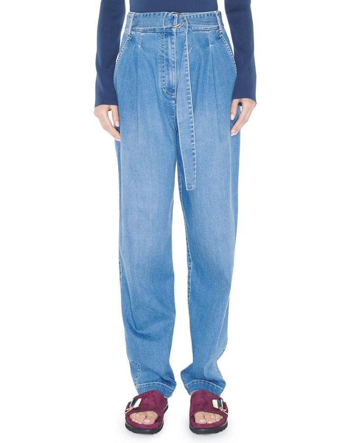 Vintage Stone-wash Denim Pleated Pants