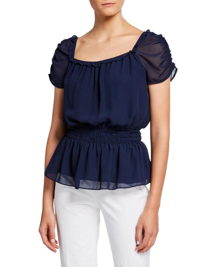 Square-neck Puff-sleeve Smocked-waist Peplum Top