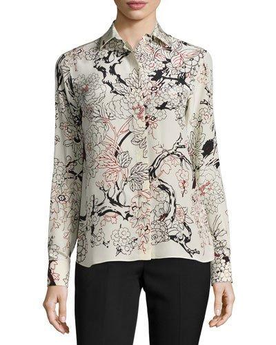 Floral Long-sleeve Silk Blouse,