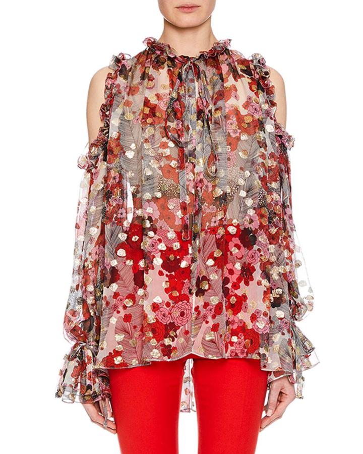 Tie-neck Cold-shoulder Feather-flower Fil Coupe Tunic W/ Ruffled Trim