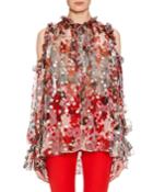 Tie-neck Cold-shoulder Feather-flower Fil Coupe Tunic W/ Ruffled Trim