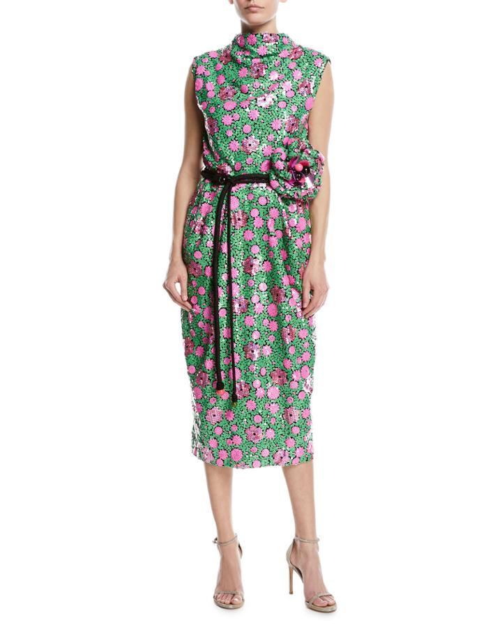 Sequined Floral Tie-waist Cocktail Dress