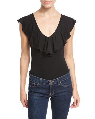 Ruffle-neck Sleeveless Bodysuit, Black