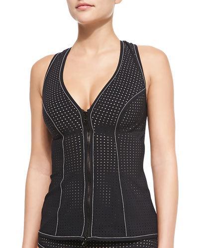 Perforated Front-zip Swim Vest, Black