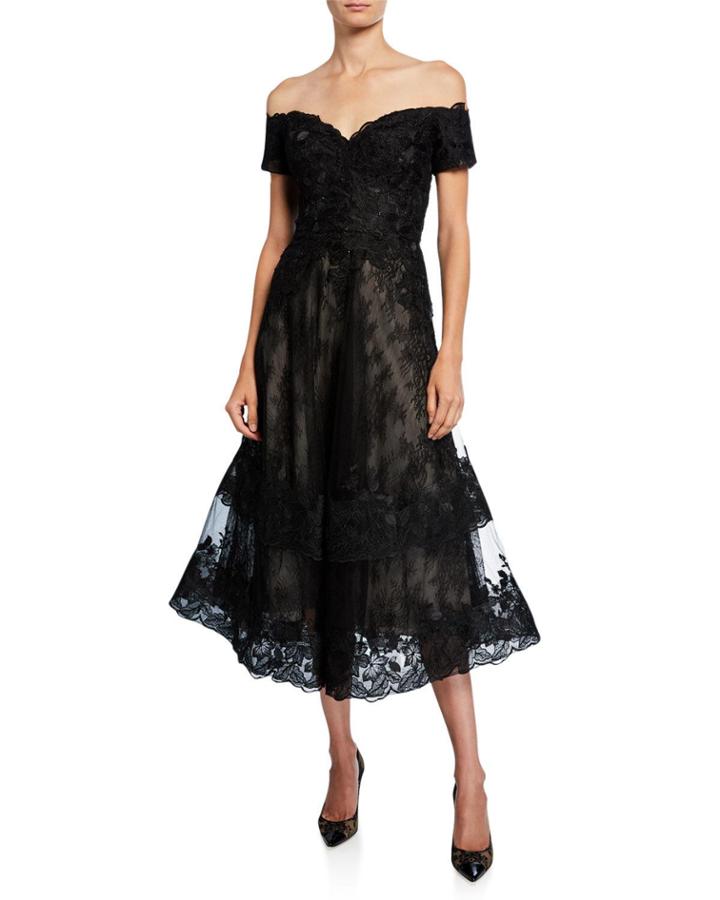 Off-the-shoulder Sweetheart Short-sleeve Lace Overlay Illusion Dress