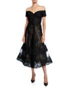 Off-the-shoulder Sweetheart Short-sleeve Lace Overlay Illusion Dress