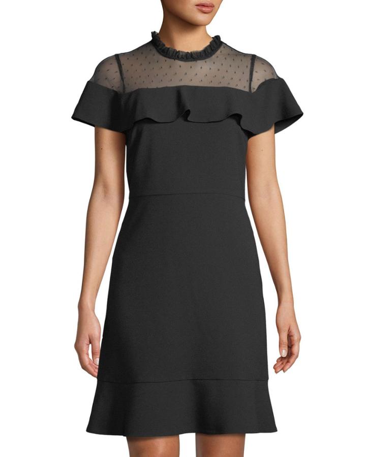 Mesh-shoulder Flounce-trim Dress