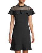 Mesh-shoulder Flounce-trim Dress