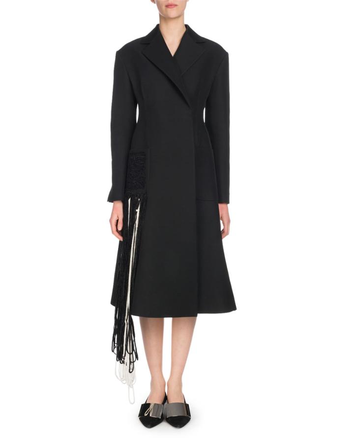 Notched-lapel Self-belt Yarn-fringe Wool-blend Coat