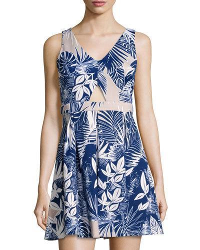 Cutout Leaf-print Sleeveless Dress, Beige/blue