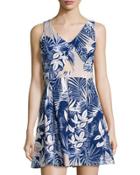 Cutout Leaf-print Sleeveless Dress, Beige/blue