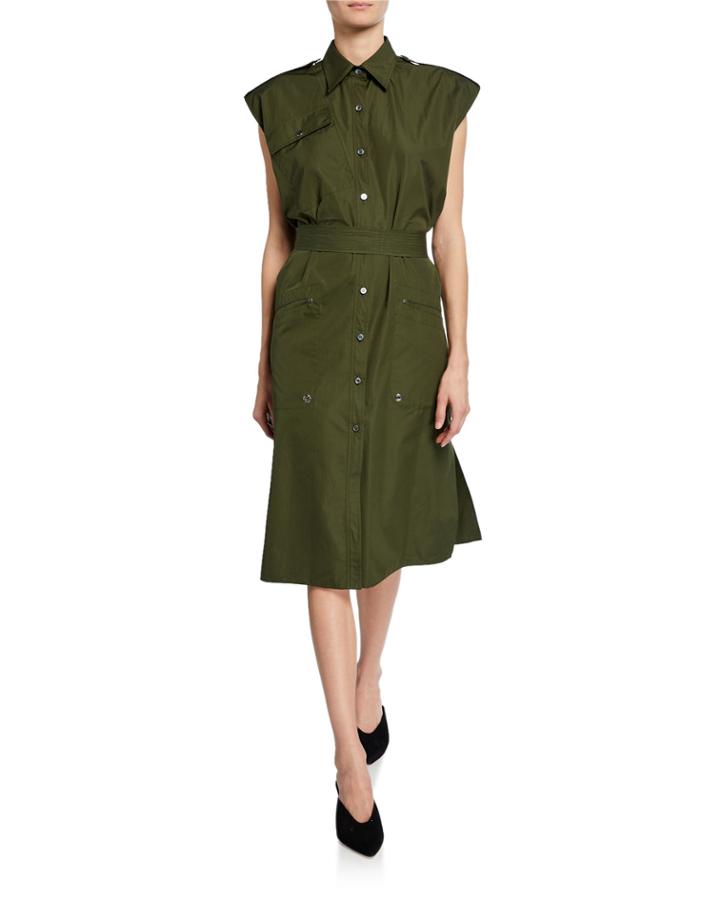 Sleeveless Belted Button-front Utility Dress