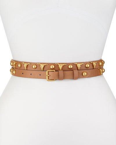 Long & Winding Road Belt With Longhorn & Round Studs, Suntan/matte Gold