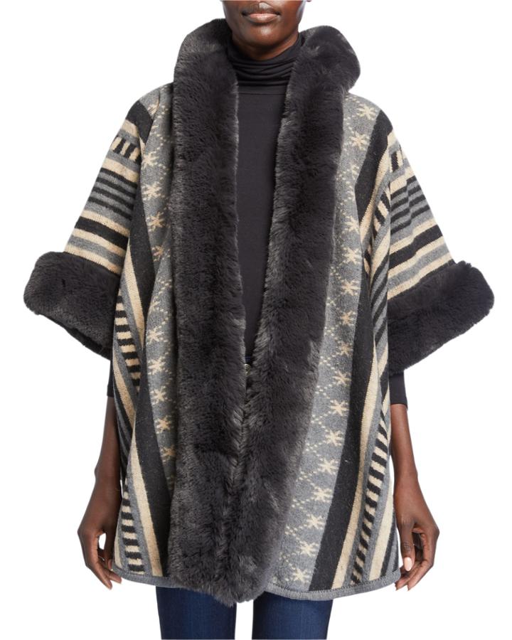 Hooded Ruana W/ Faux Fur Trim