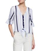 Striped Tie-front Button-down Blouse