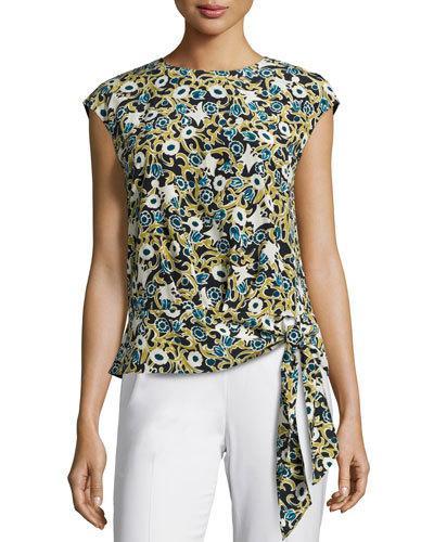 Seraphina Garden-print Tie-hem Silk Blouse,