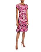 Multicolored Floral Embroidered Short-sleeve Cocktail Dress