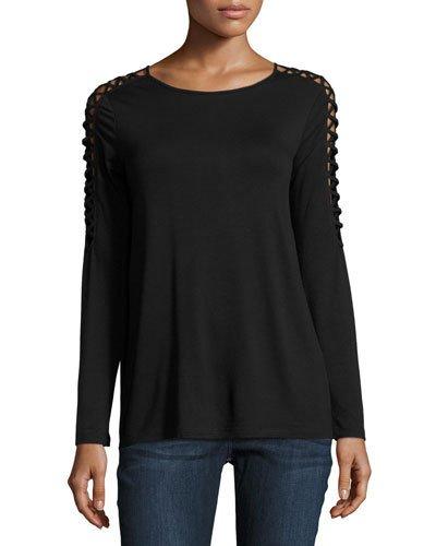 Long Lattice-sleeve French Terry Top, Black