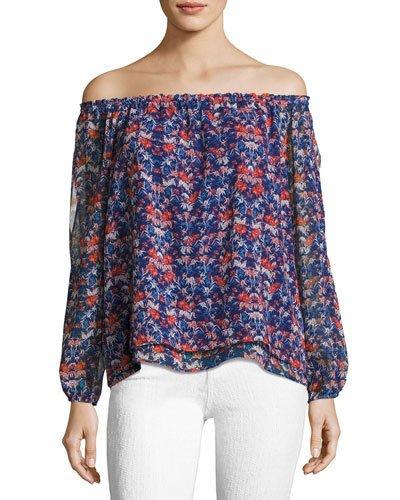 Chantel Off-the-shoulder Floral-print Blouse, Blue Pattern