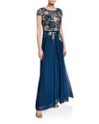 Golden Floral-embroidered Short-sleeve Gown