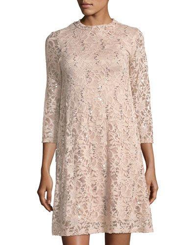 Sequin Floral Lace Three-quarter Sleeve Cocktail Dress, Pink