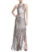 Fringed Metallic Faux-suede Gown