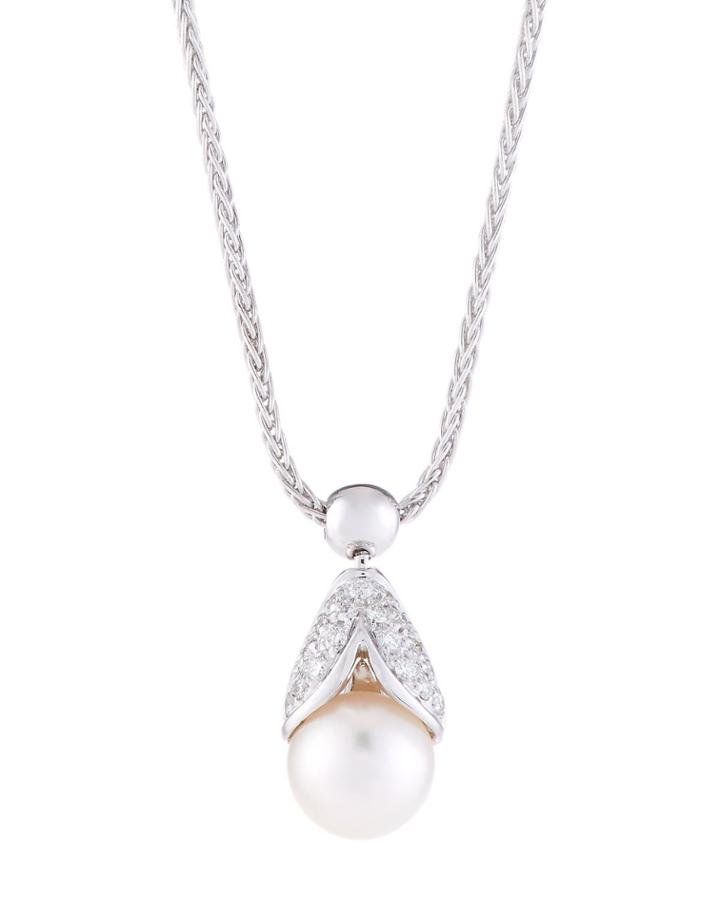18k White Gold Diamond Cap & Pearl Necklace