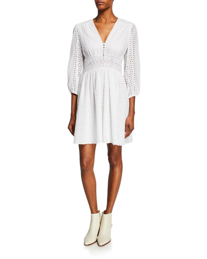 V-neck Puff-sleeve Eyelet Cotton Dress