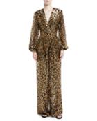Long-sleeve Flocked Velvet Animalier Jumpsuit