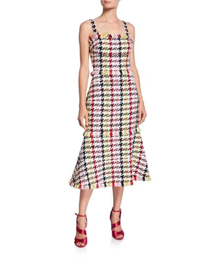 Sleeveless Houndstooth Tweed Fringe-trim Dress