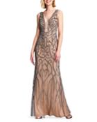 Sleeveless V-neck Beaded Gown