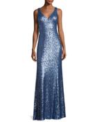 Sleeveless Sequin Column Gown, Blue