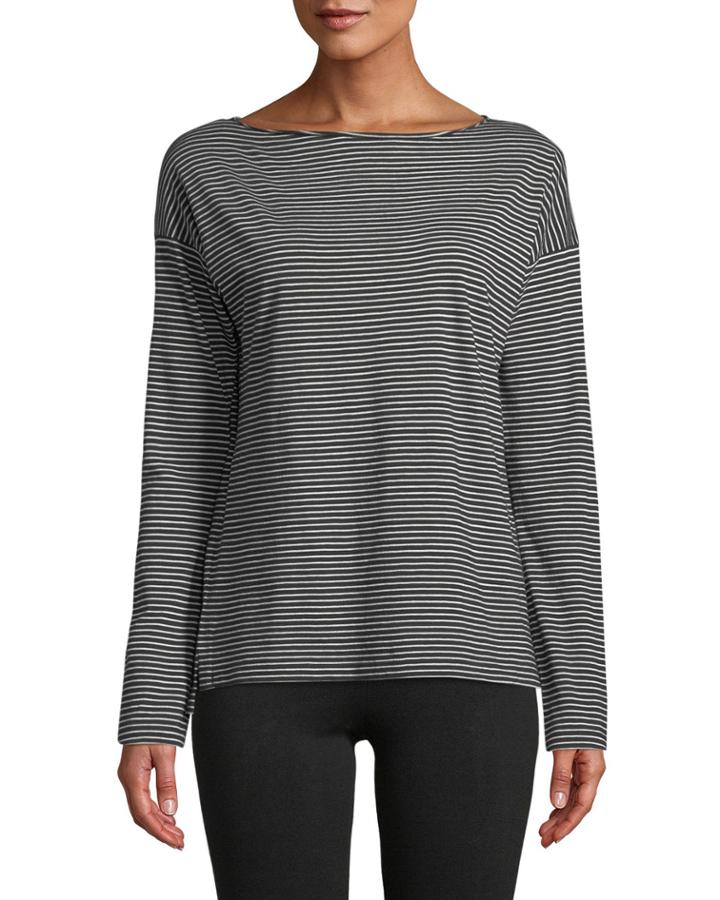Pencil-stripe Long-sleeve Boat-neck Cotton Top