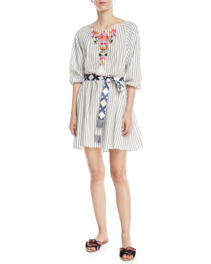 Edette Embroidered Pinstriped Peasant Dress