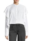 Mandarin-collar Button-front Poplin Shirt W/ Ruffled Trim