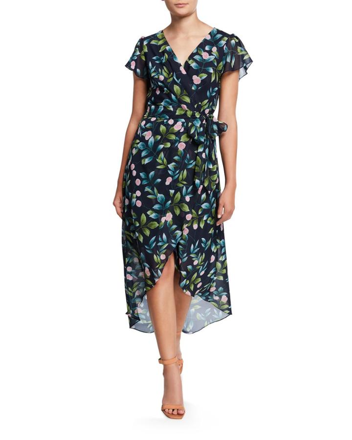 Floral Faux-wrap High-low Chiffon Dress