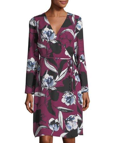 Floral-print Wrap Tie Dress, Wine