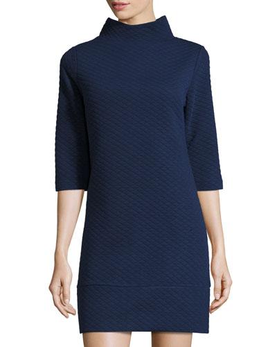 Quilted-knit Mock-neck Dress, Navy