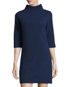Quilted-knit Mock-neck Dress, Navy