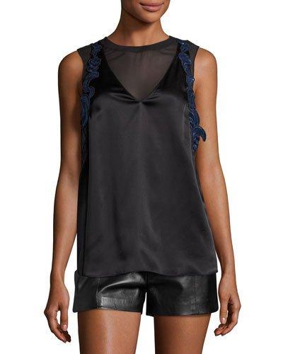 Sleeveless Lace-trim Satin Slip Top, Black