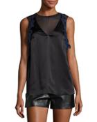 Sleeveless Lace-trim Satin Slip Top, Black