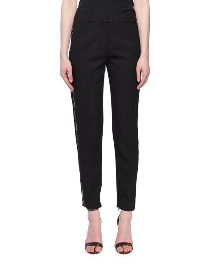 Flat-fly Slim Tapered-leg Wool-blend Pants W/ Beaded Tux